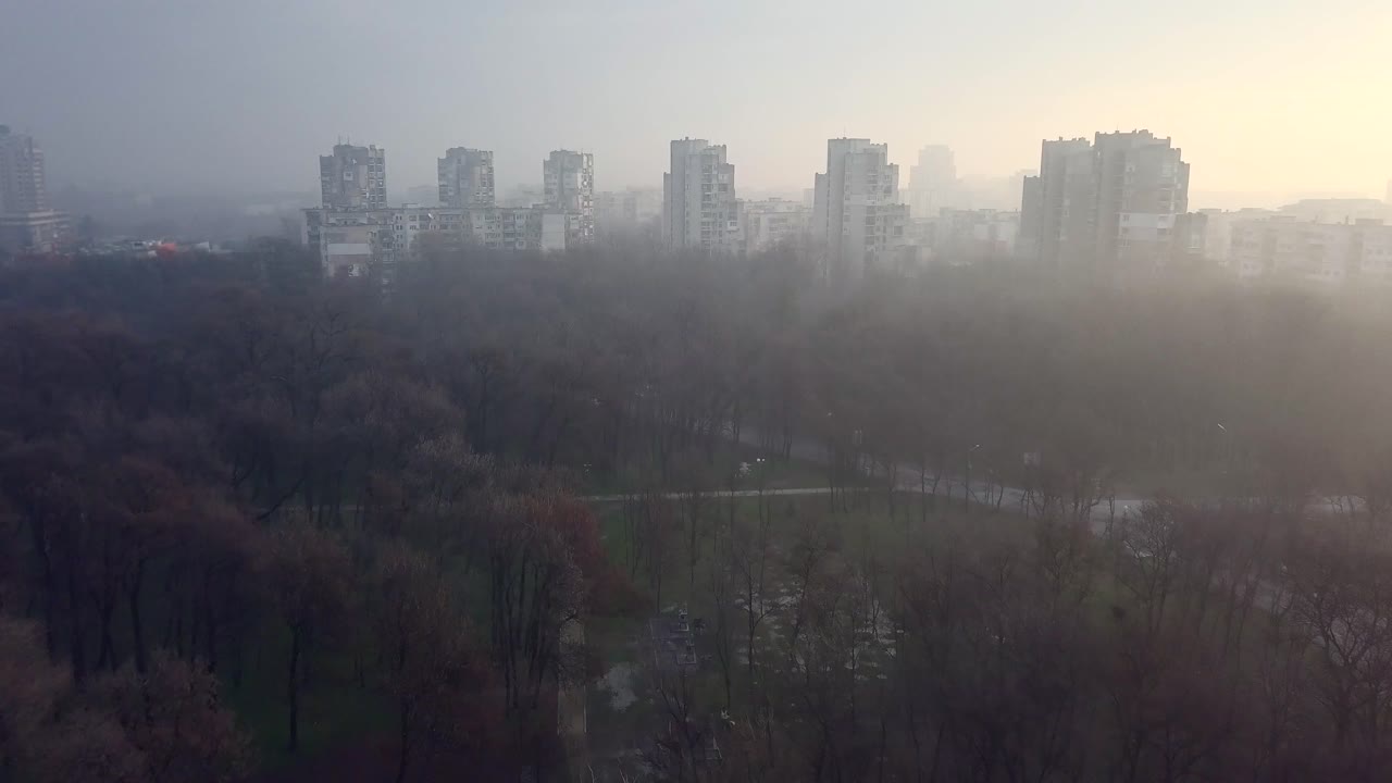 드론 주위를 날아다니는 많은 새들과 함께 동유럽의 콘크리트 생활 아파트 지역을 날고 있습니다.