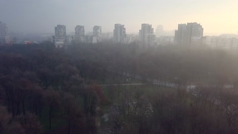 flying over a concrete living apartment area in east europa with many birds flying around the drone