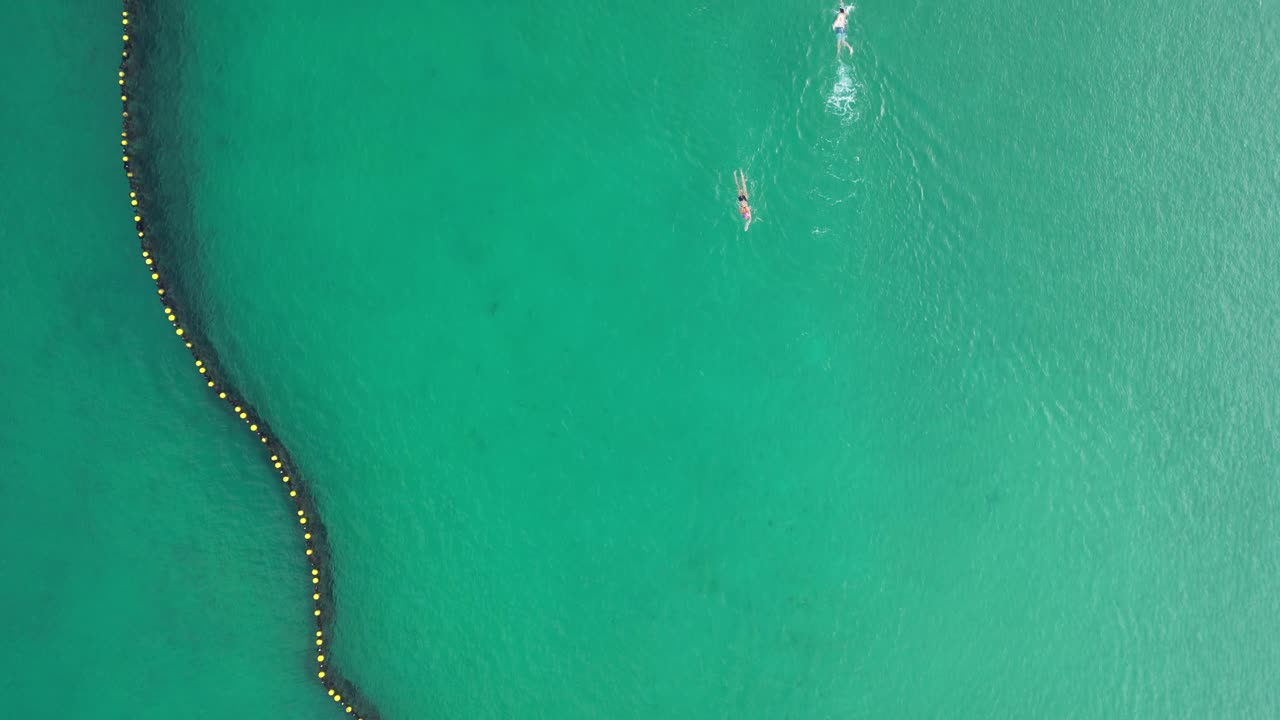 Veduta aerea di persone che nuotano verso la rete protettiva anti-squalo a Coogee Beach, città di Perth