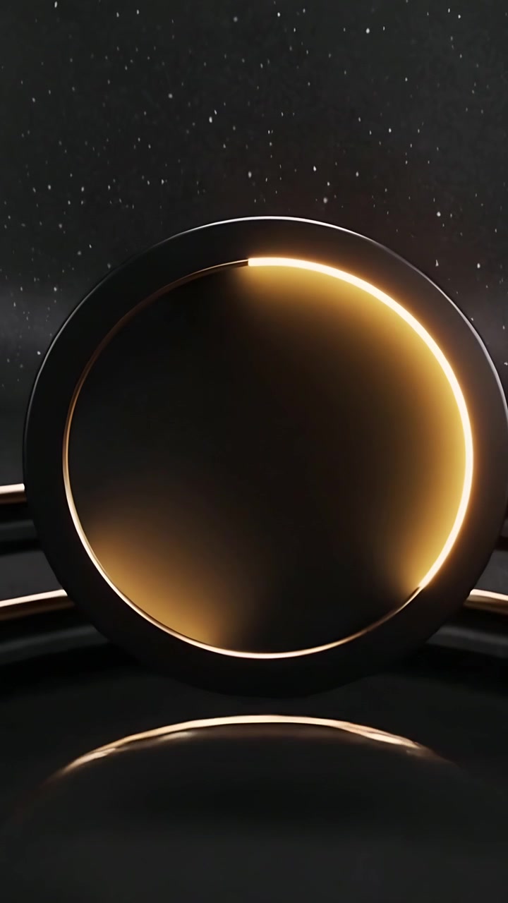 Video verticale: Arco dorato che si illumina mentre un disco opaco si posa sulla base, mostrando binari per la dimostrazione del prodotto.