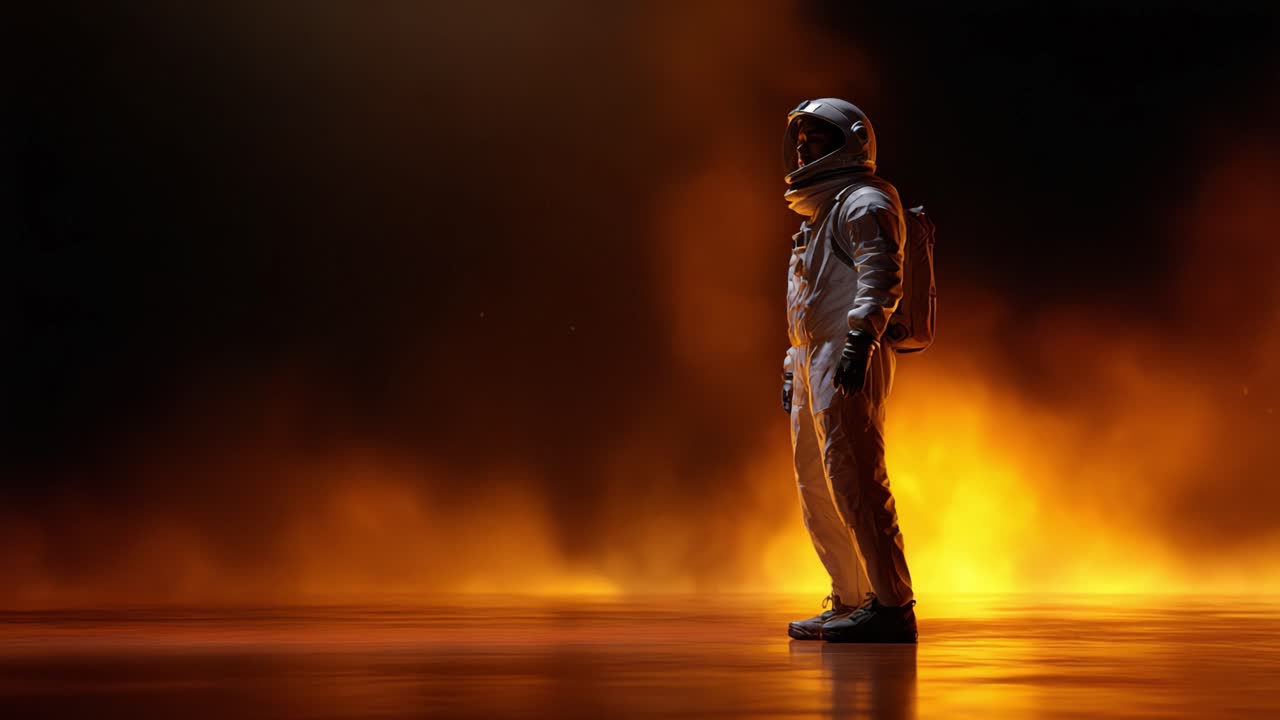 Un astronauta si erge risoluto contro uno sfondo di energia infuocata, incarnando coraggio ed esplorazione di fronte all'incertezza e al cosmo sconosciuto.
