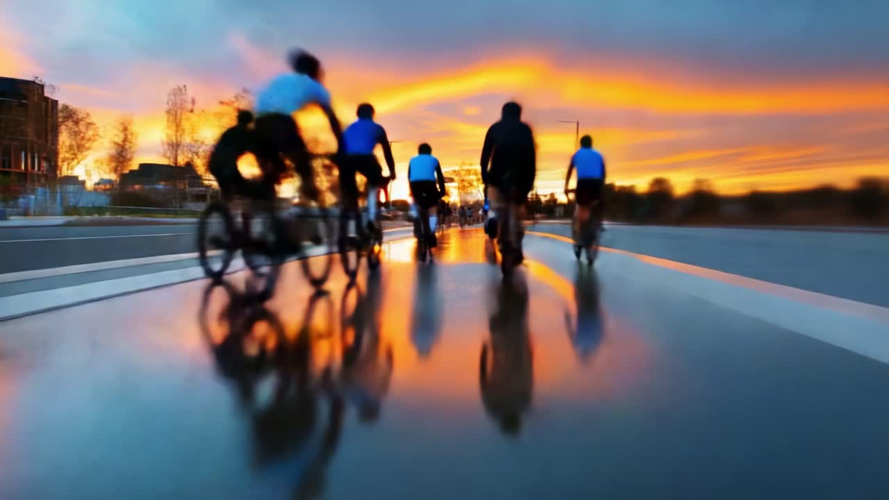 A Stunning Evening Ride: Cyclists Gliding Through Reflections of a Vibrant Sunset Over the Wet Road, Capturing the Beauty of Nature and Motion in Harmony