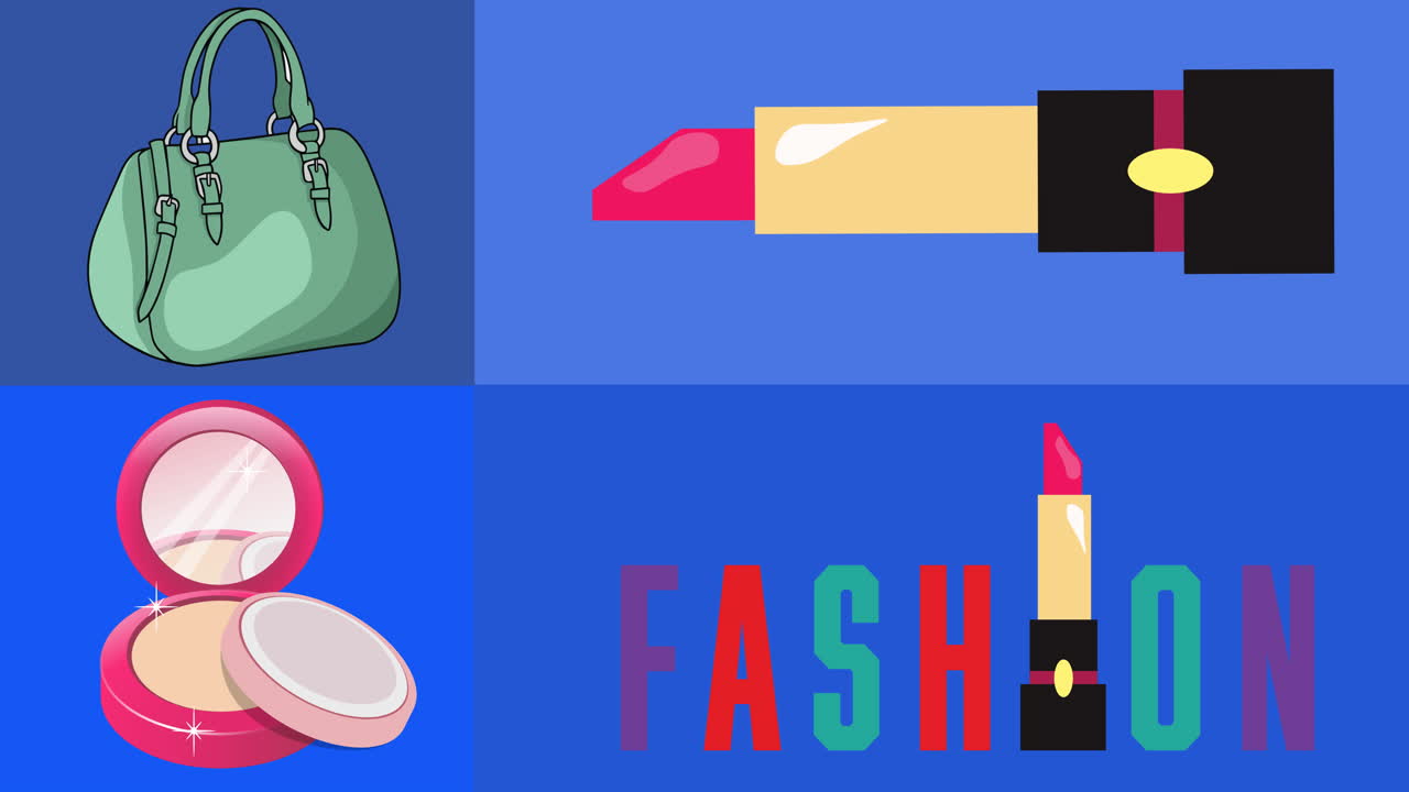 Animation of hand bag make-up powder lipstick and fashion text on blue backgroud