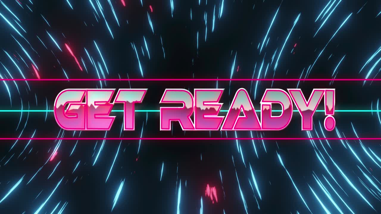 움직이는 파란색과 분홍색 빛 트레일 위에 준비 텍스트의 애니메이션