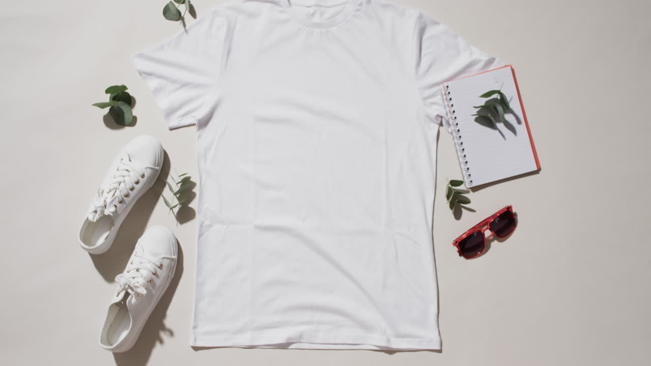 video de una capa plana de camiseta blanca, zapatillas de deporte, gafas de sol y espacio de copia sobre un fondo blanco