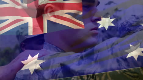 animation of flag of australia over diverse male soldiers