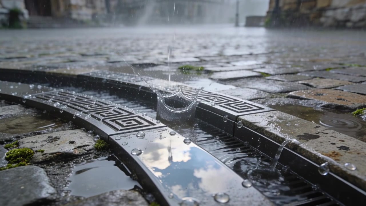 Faldende regn skaber stænk på en buet metalrende ved en brostensbelagt plads, der fører til afløbet.
