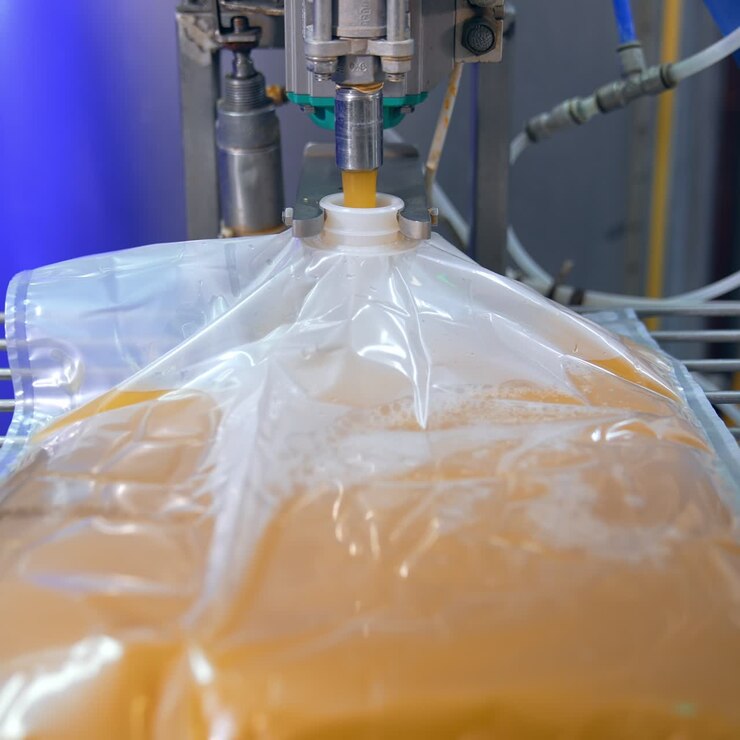 Freshly squeezed apple juice being poured into a big plastic bag. Worker's hands spreading the bag for better filling of juice. Close up