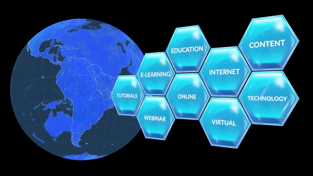 교육 및 학습 텍스트의 애니메이션은 블루 사각형에서 검은 바탕에 지구를 통해