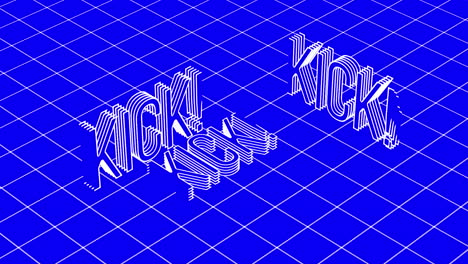 animation of the word kick in 3d white line text with white grid on blue background