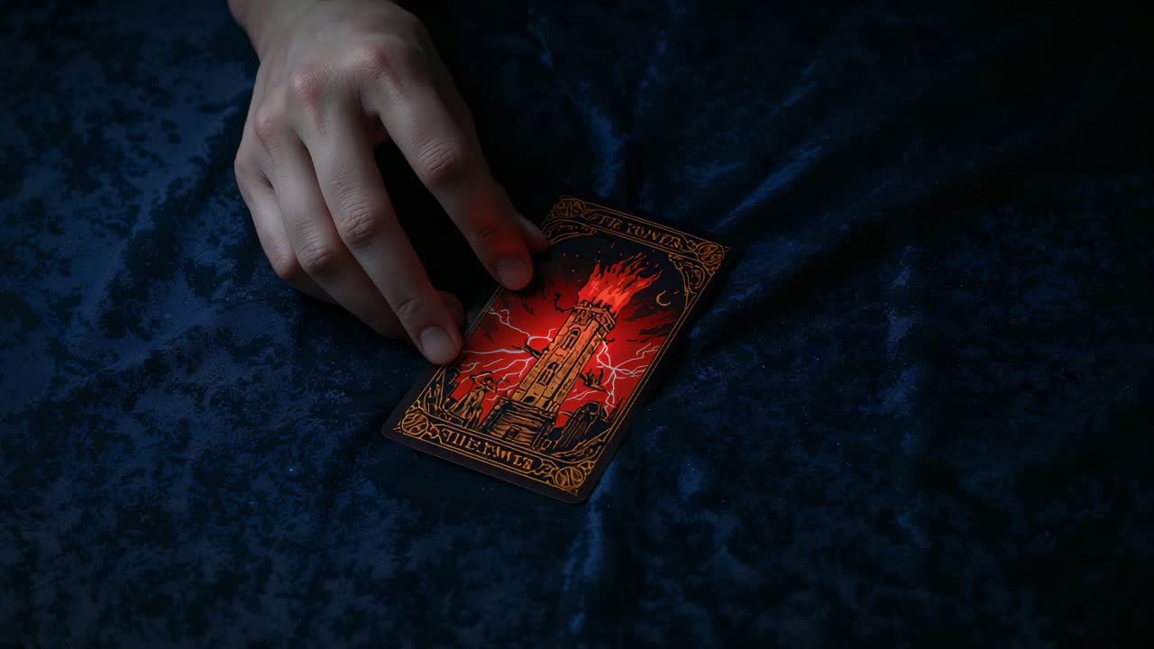Tangan orang dewasa menekan kartu tarot merah di atas meja beludru biru tua untuk menahan kartu