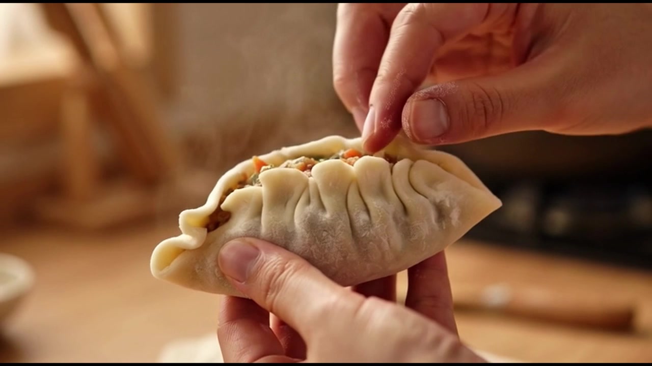 Chef Hands Pleating and Sealing a Fresh Dumpling