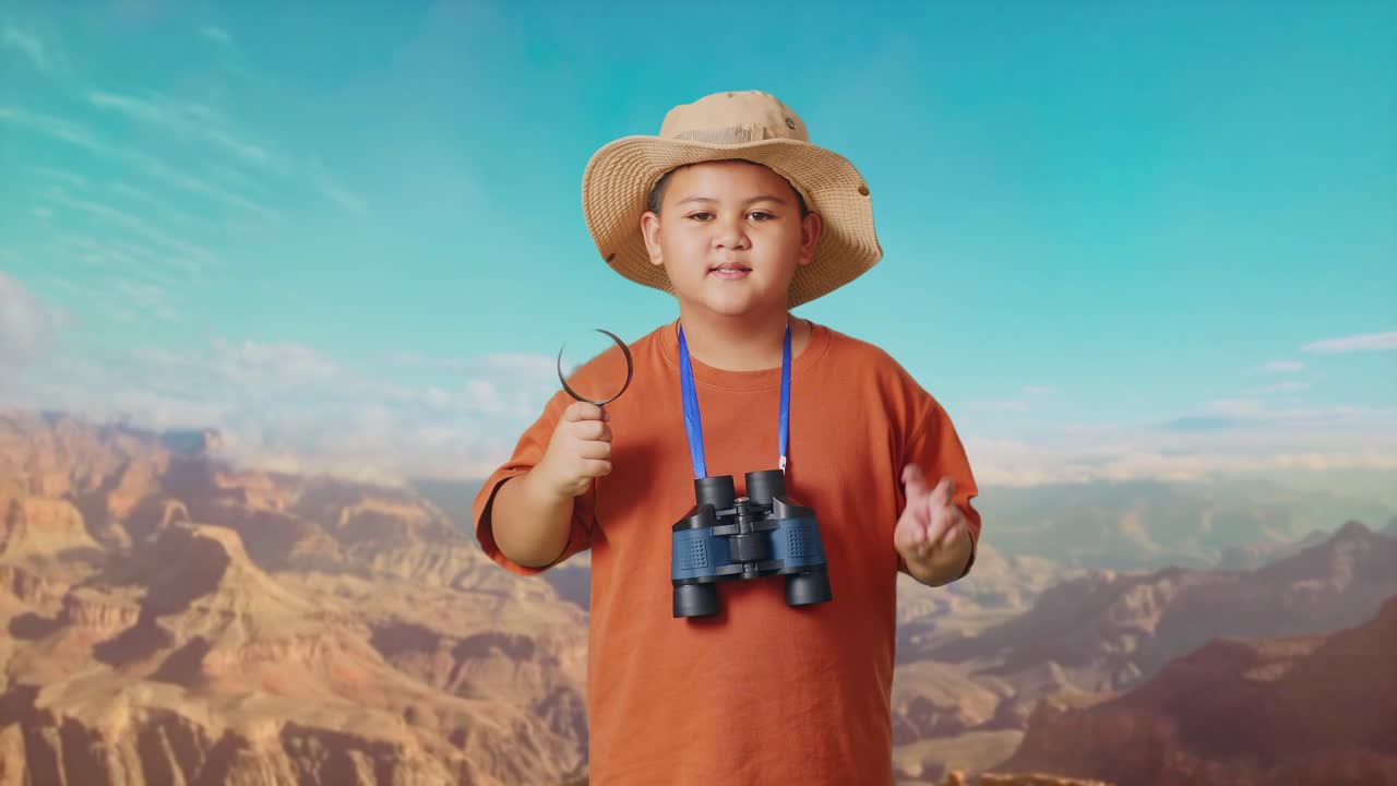 Asian Boy With A Hat And Binoculars Using The Magnifying Glass Then Showing Peace Gesture While Traveling At The Top Of Mountain. Boy Researcher Examines Something, Travel Tourism Adventure Concept