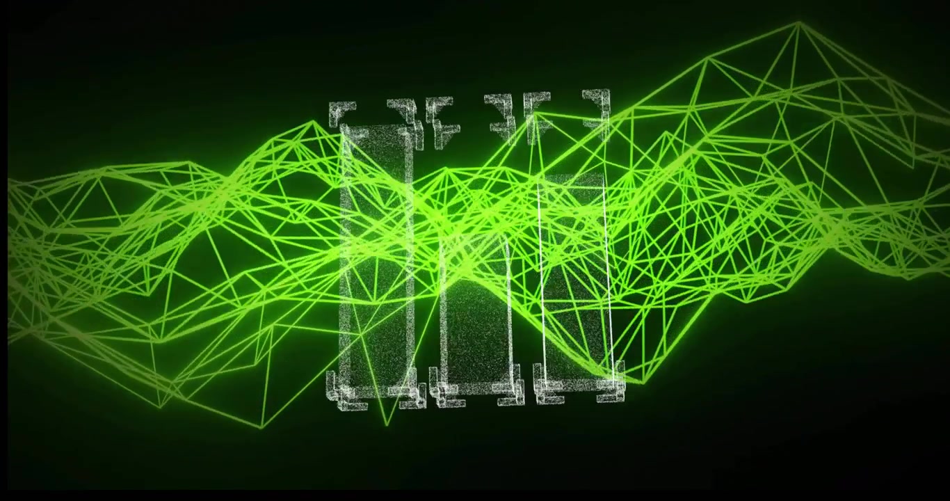 Neon-green wireframe sweeping, exposing point-cloud tower and floating fragments, scanning data