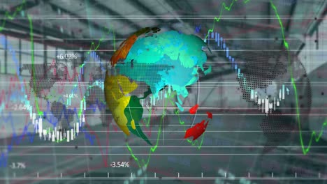 Animation-Von-Globus--Und-Finanzdaten-über-Dem-Lager