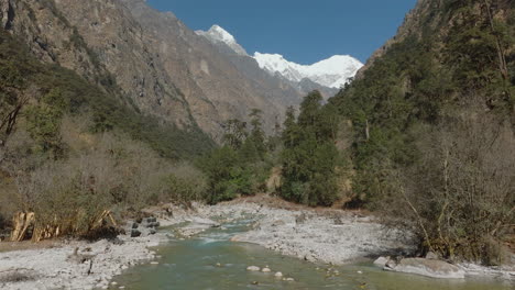 vista aérea del parque nacional de langtang en nepal con brillantes montañas nevadas bajo un cielo azul claro ríos pacíficos fluyen a través del paisaje con langtang himal cerca de la cordillera añadiendo belleza