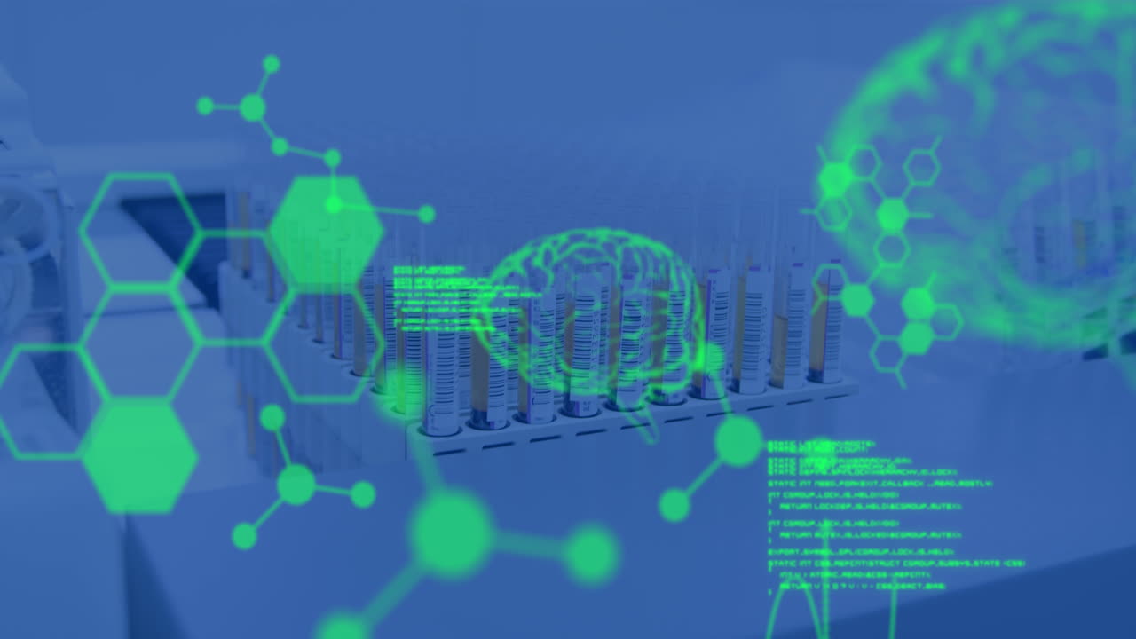 실험실에서 시험 튜브 위에서 데이터 처리 및 화학 공식의 애니메이션