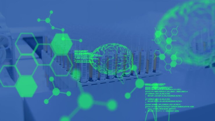 Animation of data processing and chemical formula over test tubes in lab