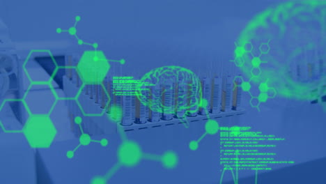 animación del procesamiento de datos y la fórmula química sobre tubos de ensayo en el laboratorio