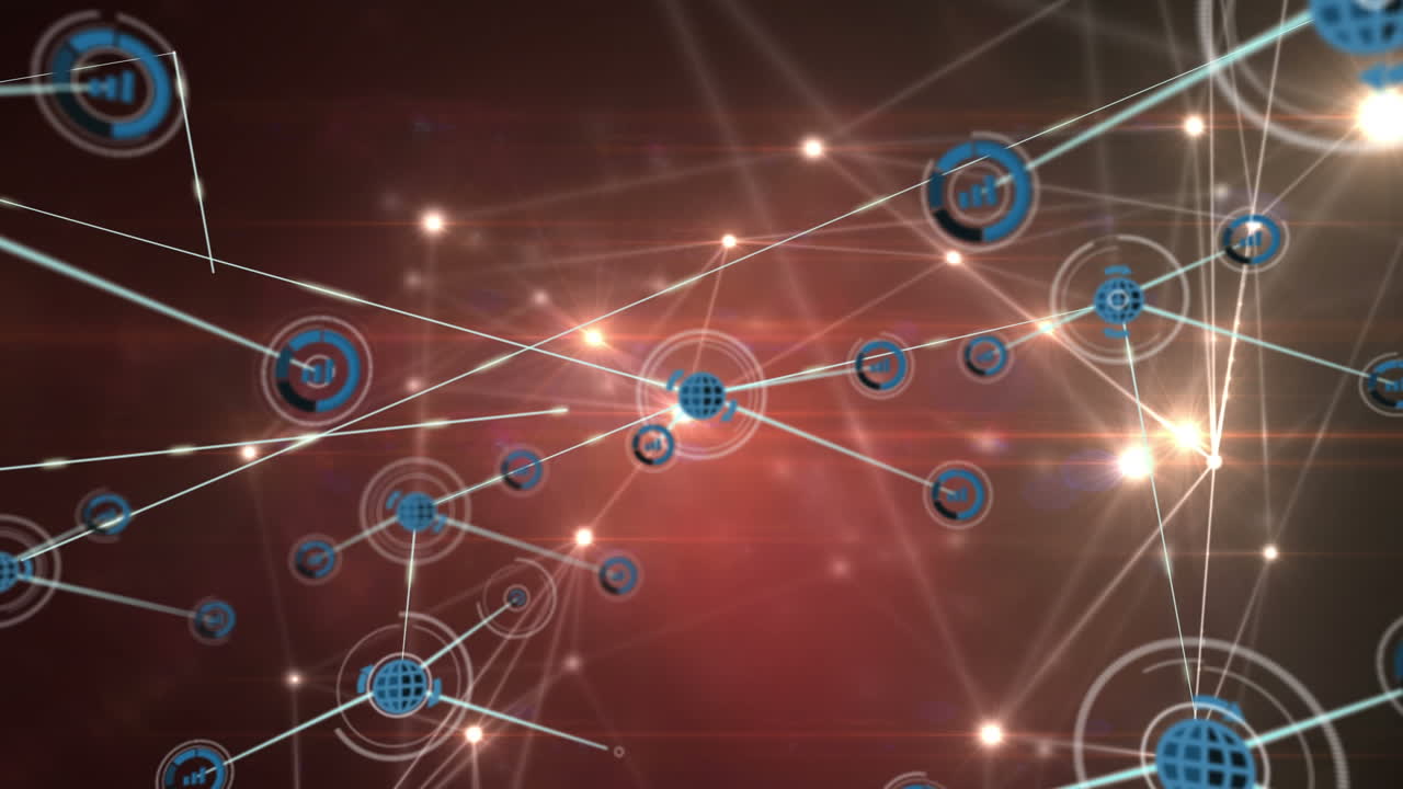 animación de la red de conexiones con iconos sobre fondo negro y rojo