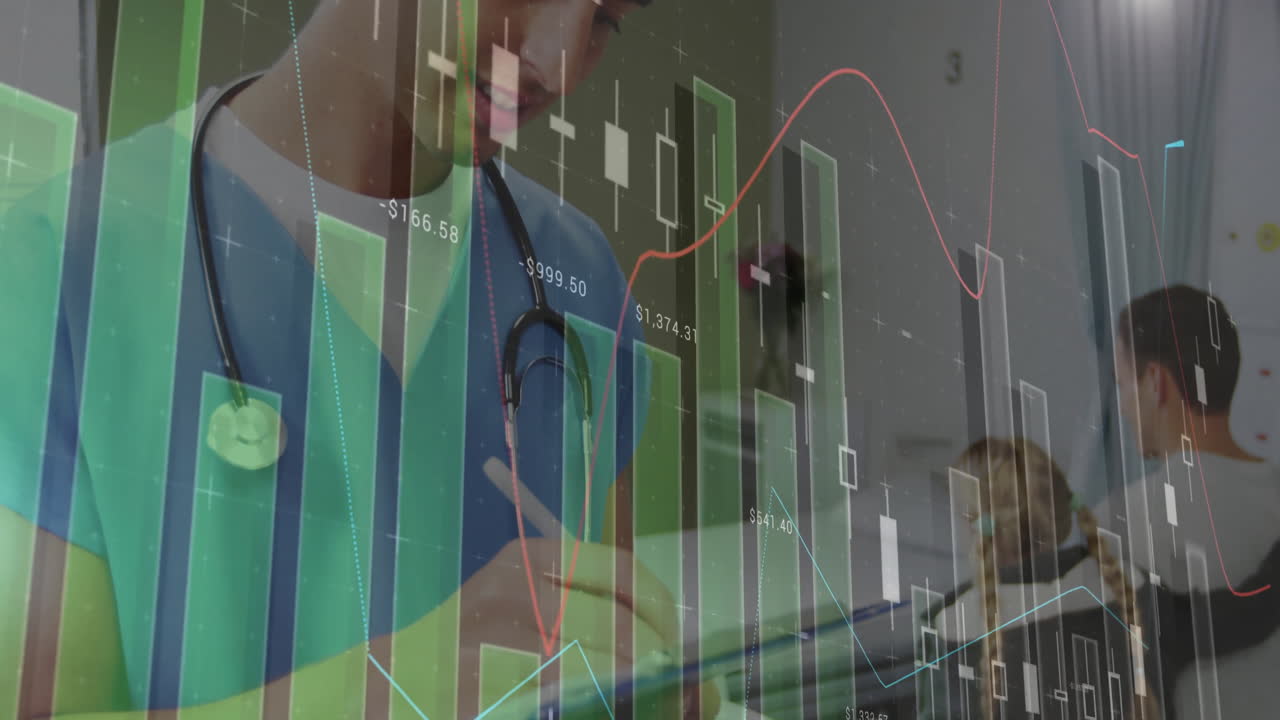 Financial data charts animation over healthcare professionals working in hospital