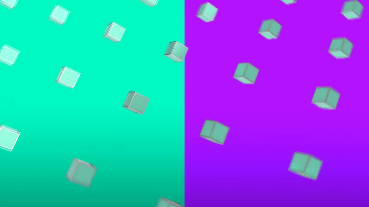 보라색과 초록색 배경에서 움직이는 3d 사각형