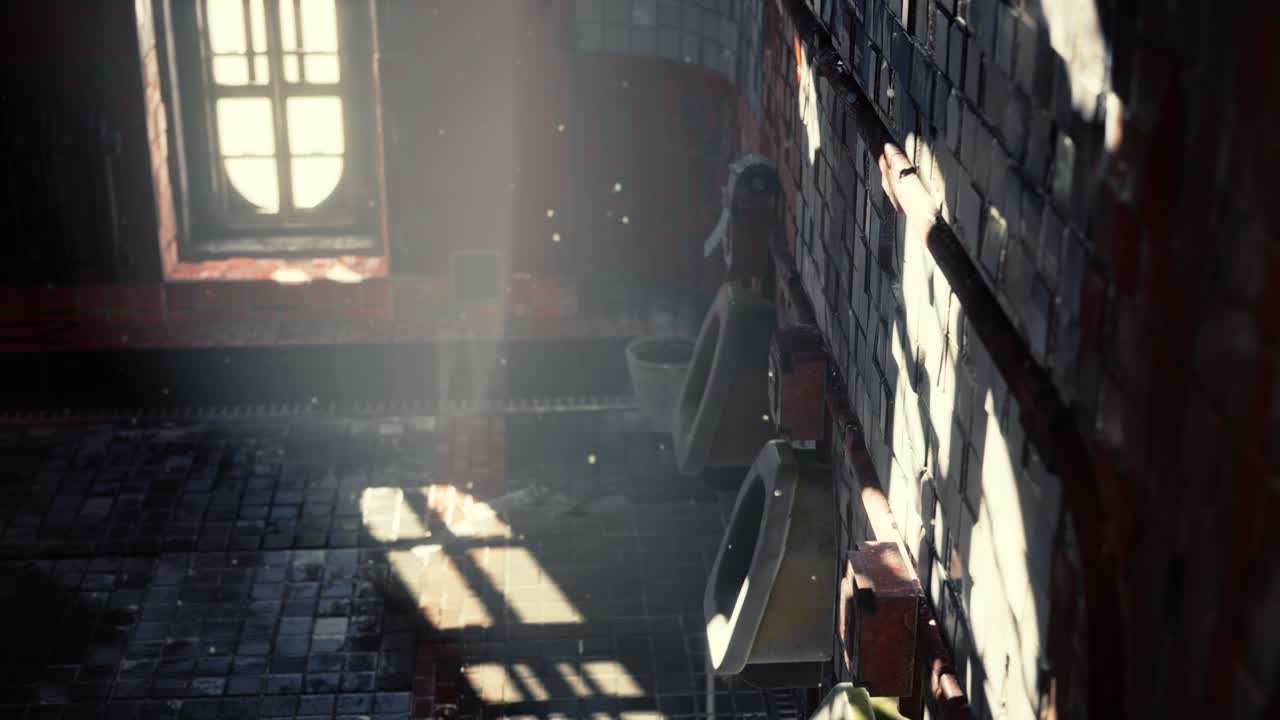 밝은 조명을 가진 버려진 오래된 공공 화장실