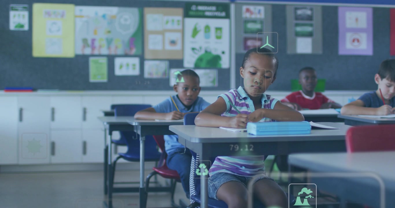Girl writing school assignment, pen motion starting HUD charts and numeric data layering lower area