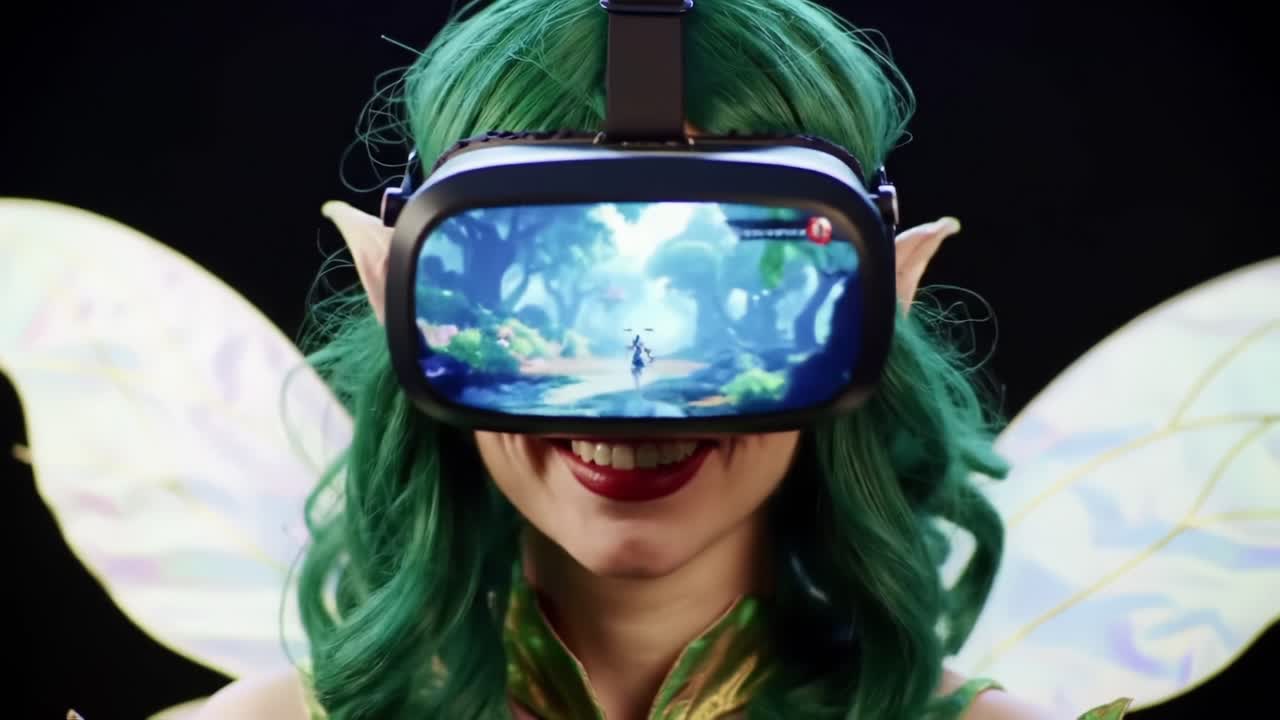 Esperienza di realtà virtuale immersiva: un incontro fatato coinvolgente in un mondo fantasy lussureggiante con immagini incantevoli e vibrazioni magiche