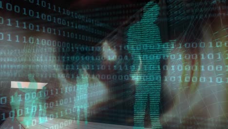 animation of binary coding and digital people on black background