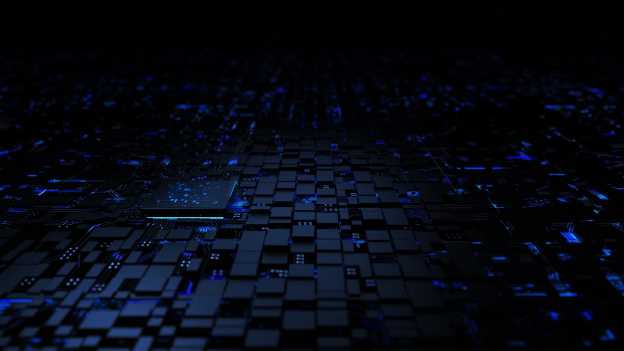 3D rendering CPU Chipset installing on the mainboard, with glitter and lighting effect against the print circuit board, for the cyber futuristic concept, with dark and grain processed