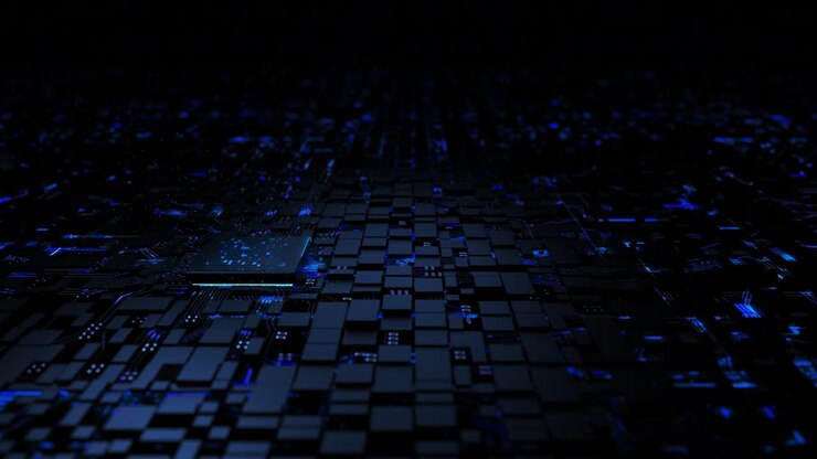 3D rendering CPU Chipset installing on the mainboard, with glitter and lighting effect against the print circuit board, for the cyber futuristic concept, with dark and grain processed