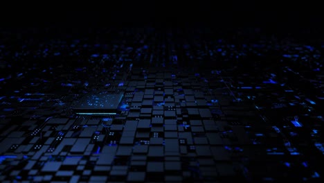 instalación de chipset de cpu de renderización 3d en la placa principal, con brillo y efecto de iluminación contra la placa de circuitos impresos, para el concepto cibernético futurista, con procesamiento oscuro y de grano