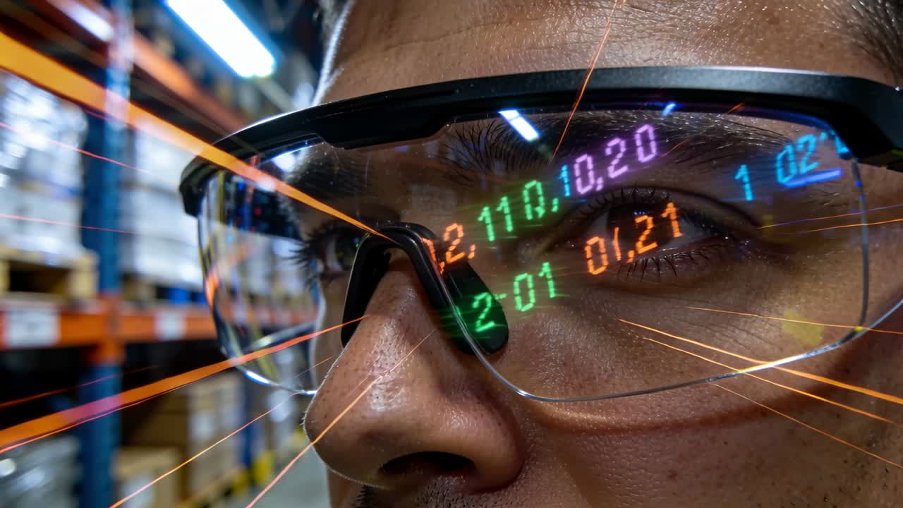 Warehouse tech shifting gaze down aisle, HUD updating numbers and sweeping light lines for stock