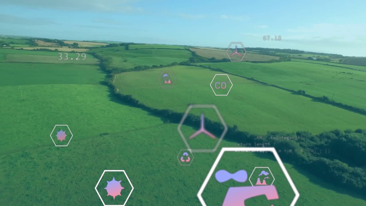 Agricultural fields being animated with AR overlays in flat design, showing floating hexagon icons