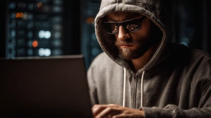 Persona concentrata con felpa e occhiali da sole intenta a utilizzare il computer in un ambiente poco illuminato
