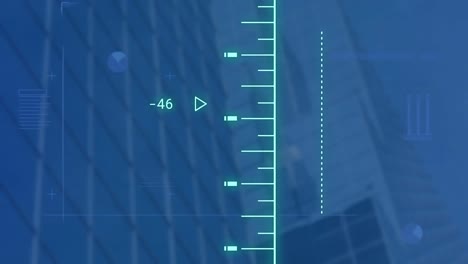 animation of digital scale and data processing against tall buildings