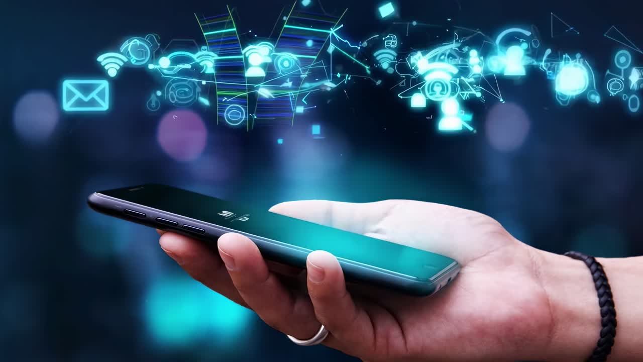 Close-up angle of a hand holding a smartphone with digital icons floating above, video concept