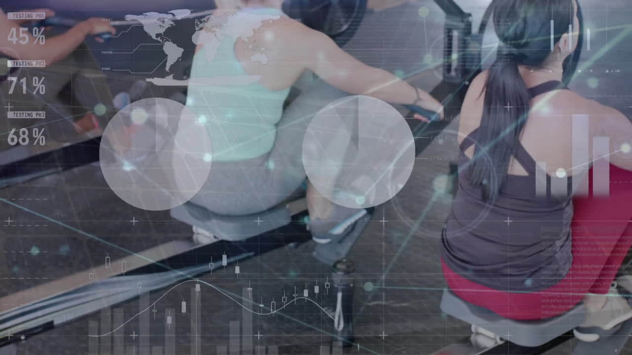 체육관에서 운동하는 다양한 사람들의 금융 데이터 처리의 애니메이션