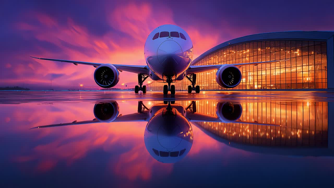A stunning twilight scene capturing a modern airplane reflecting against a vibrant sunset in front of a contemporary hangar, showcasing the beauty of aviation in dramatic lighting