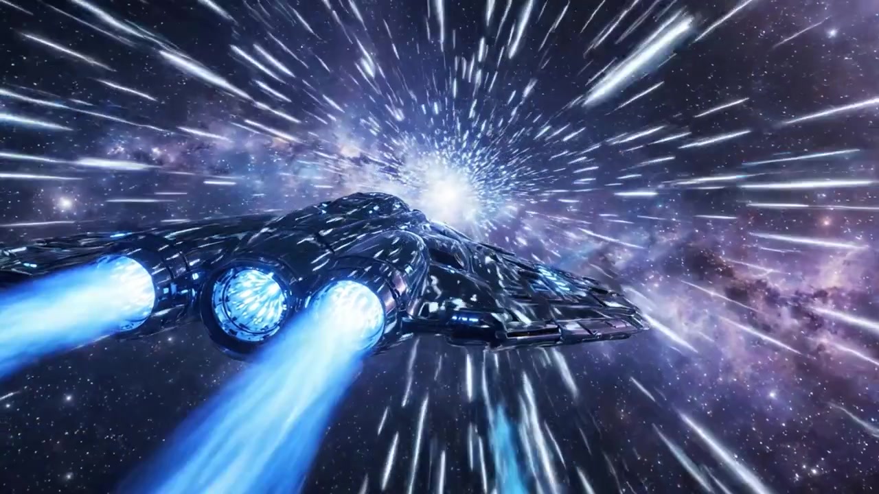 Un'astronave futuristica che naviga attraverso il paesaggio cosmico, accelerando a velocità iperspaziale verso un'esplosione celeste in una scena di avventura nello spazio profondo