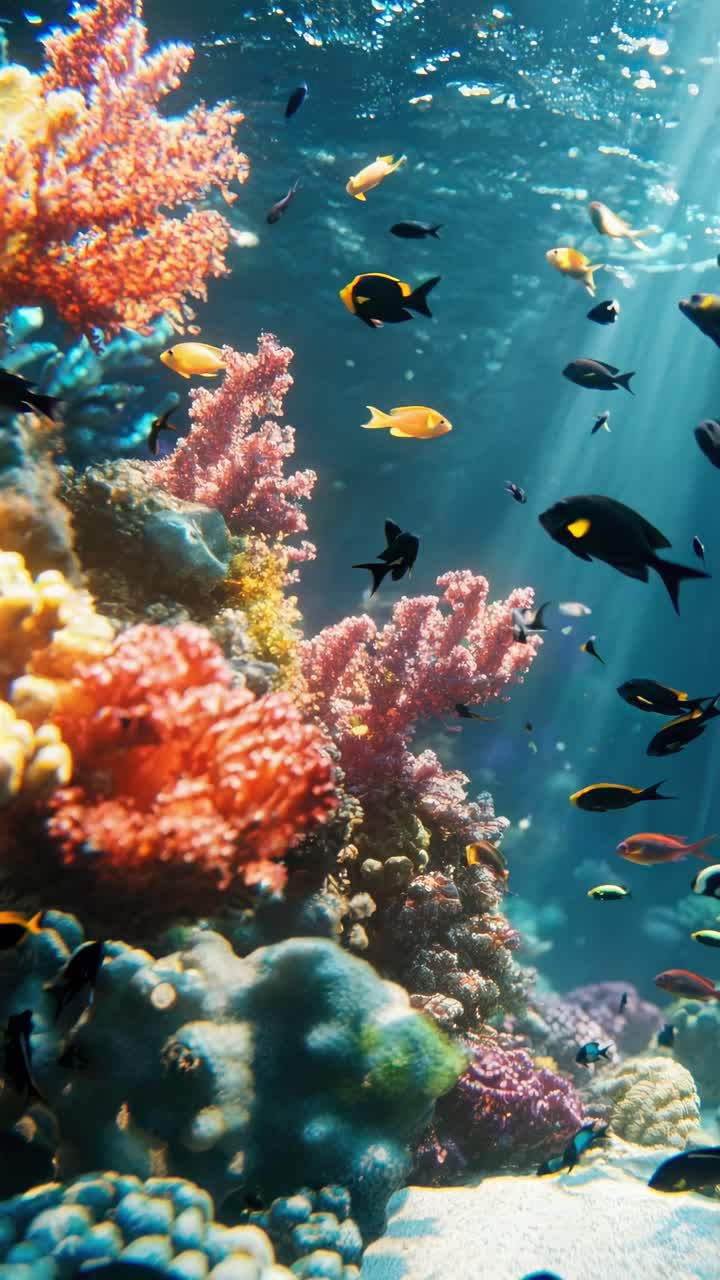 Vídeo de una vibrante escena submarina con coloridos corales y peces, captado desde un ángulo lateral