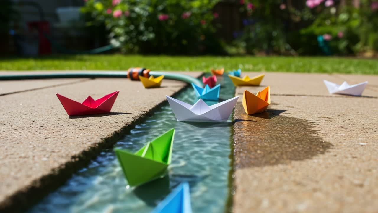 A Colorful Array of Paper Boats Floating on a Tranquil Stream Amidst a Lush Garden, Capturing the Essence of Childhood Imagination and Playfulness