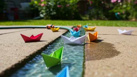a colorful array of paper boats floating on a tranquil stream amidst a lush garden, capturing the essence of childhood imagination and playfulness