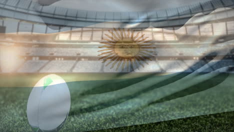 animation of waving flag of argentina over stadium with rugby ball