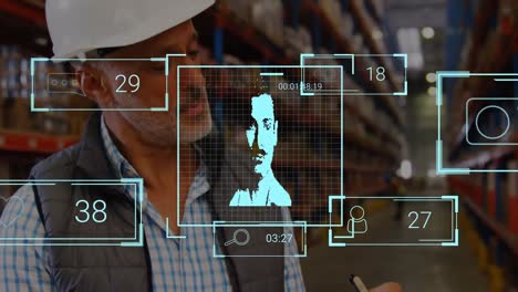 animation of people icons over caucasian male worker in warehouse