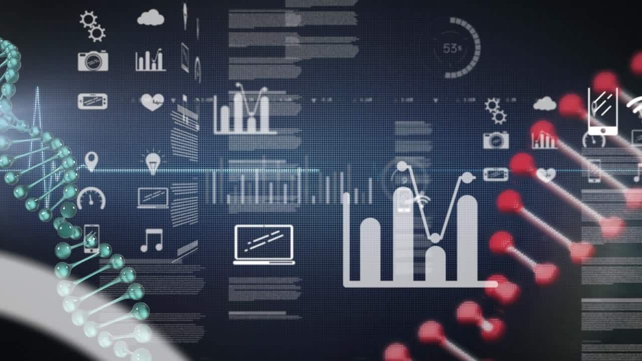Animation of dna strands and green shapes over data processing