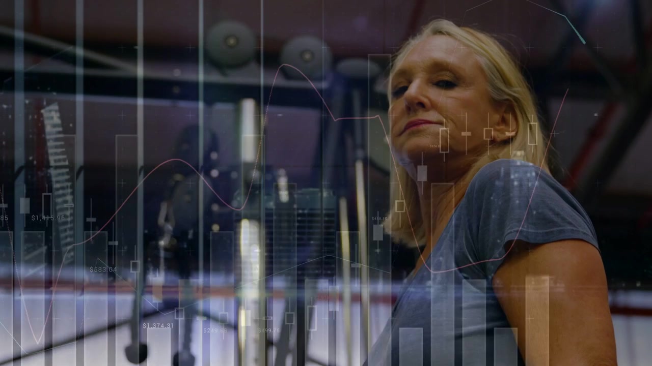 Senior woman adjusting headset in studio aligning with mic preparing to record as charts overlaying