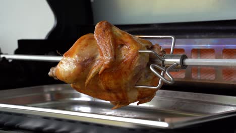 rotisserie chicken is grilled with a rear burner