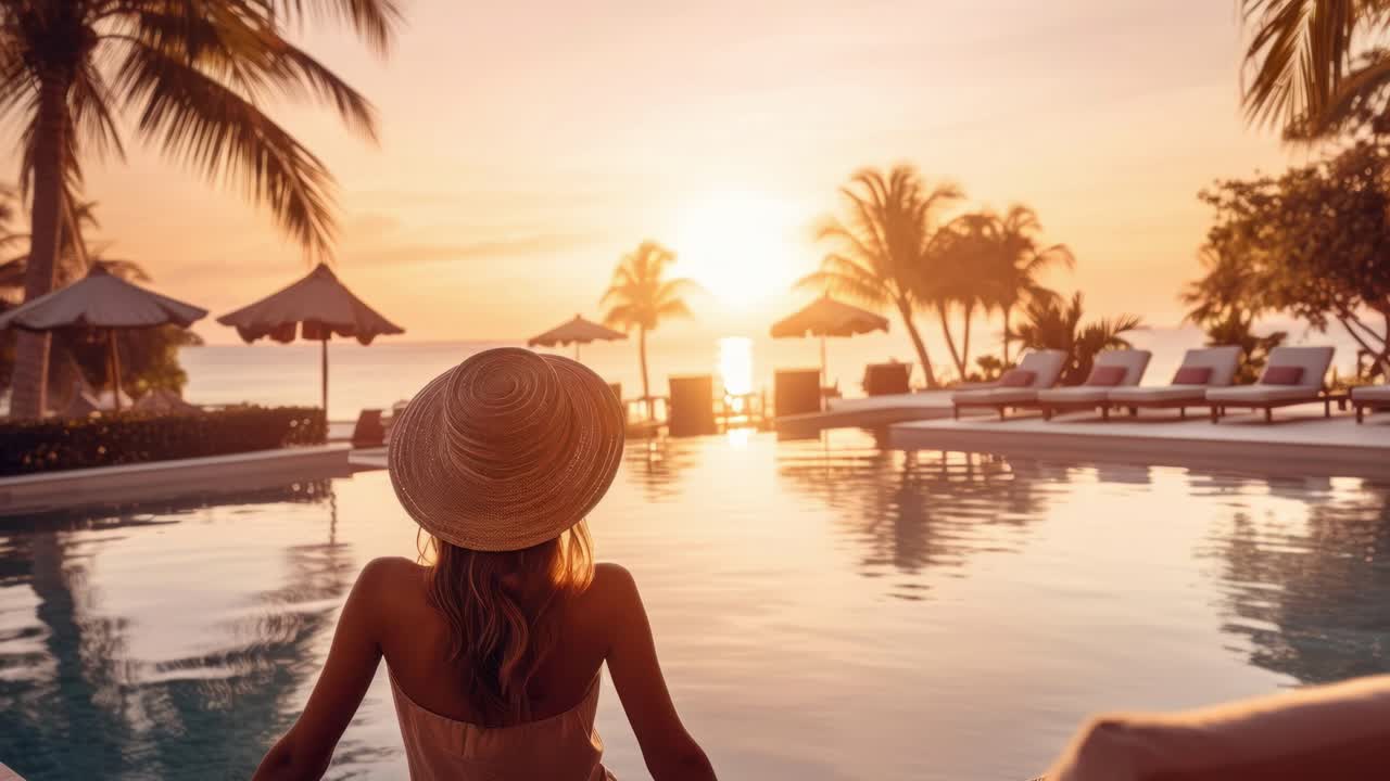 A serene sunset poolside scene captured from behind, featuring a woman in a hat